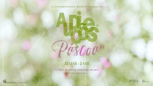 Audições de Páscoa 2022, dos dias 28 de março a 2 de abril, no Conservatório Bomfim, escola de música em Braga. Cartaz verde e rosa com padrão de instrumentos musicais.