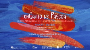 Cartaz vermelho e azul do Concerto EnCanto de Páscoa 2022. Atividades Extra Curriculares de escolas do Município de Braga. Ensino da Música pelo Conservatório Bomfim. Uma parcerida com a Eplural.