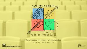 Cartaz da Audição de Verão 2022 da Academia Bomfim, do Conservatório Bomfim. Curso livre de Música com os instrumentos: piano, violino, guitarra e bateria, em Braga