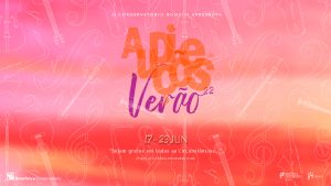 Audições de Verão 2022, dos dias 28 de março a 2 de abril, no Conservatório Bomfim, escola de música em Braga. Cartaz verde e rosa com padrão de instrumentos musicais.