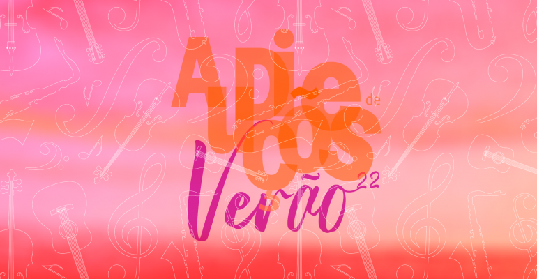 Audições de Verão 2022, dos dias 28 de março a 2 de abril, no Conservatório Bomfim, escola de música em Braga. Cartaz verde e rosa com padrão de instrumentos musicais.